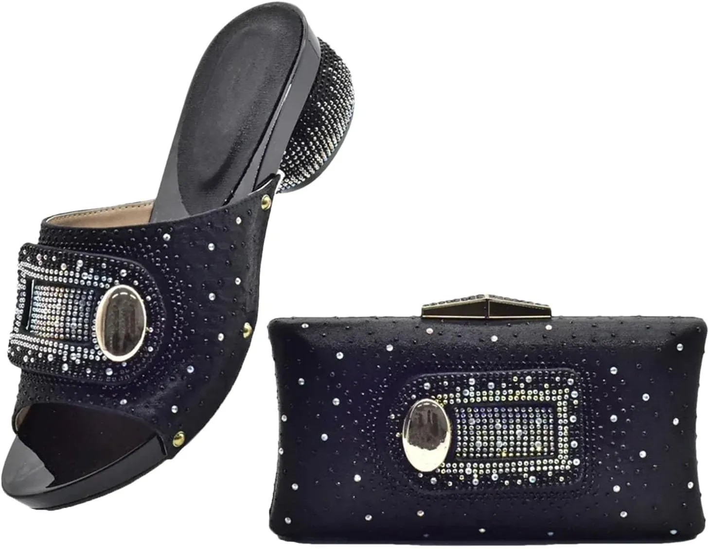 Women's Comfort Platform Sandal & Bag Set - Italian Handmade Rhinestone Strappy Heels with Wide-Block Heel & Matching Tote