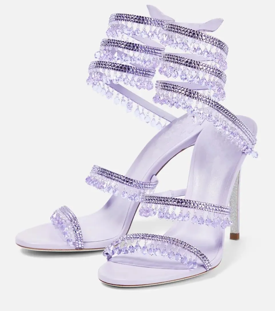 Women's Crystal Wrap Lace Up Stiletto High Heels Slingback Round Toe Lace Up Tassel Wrap Around High Heel Sandals