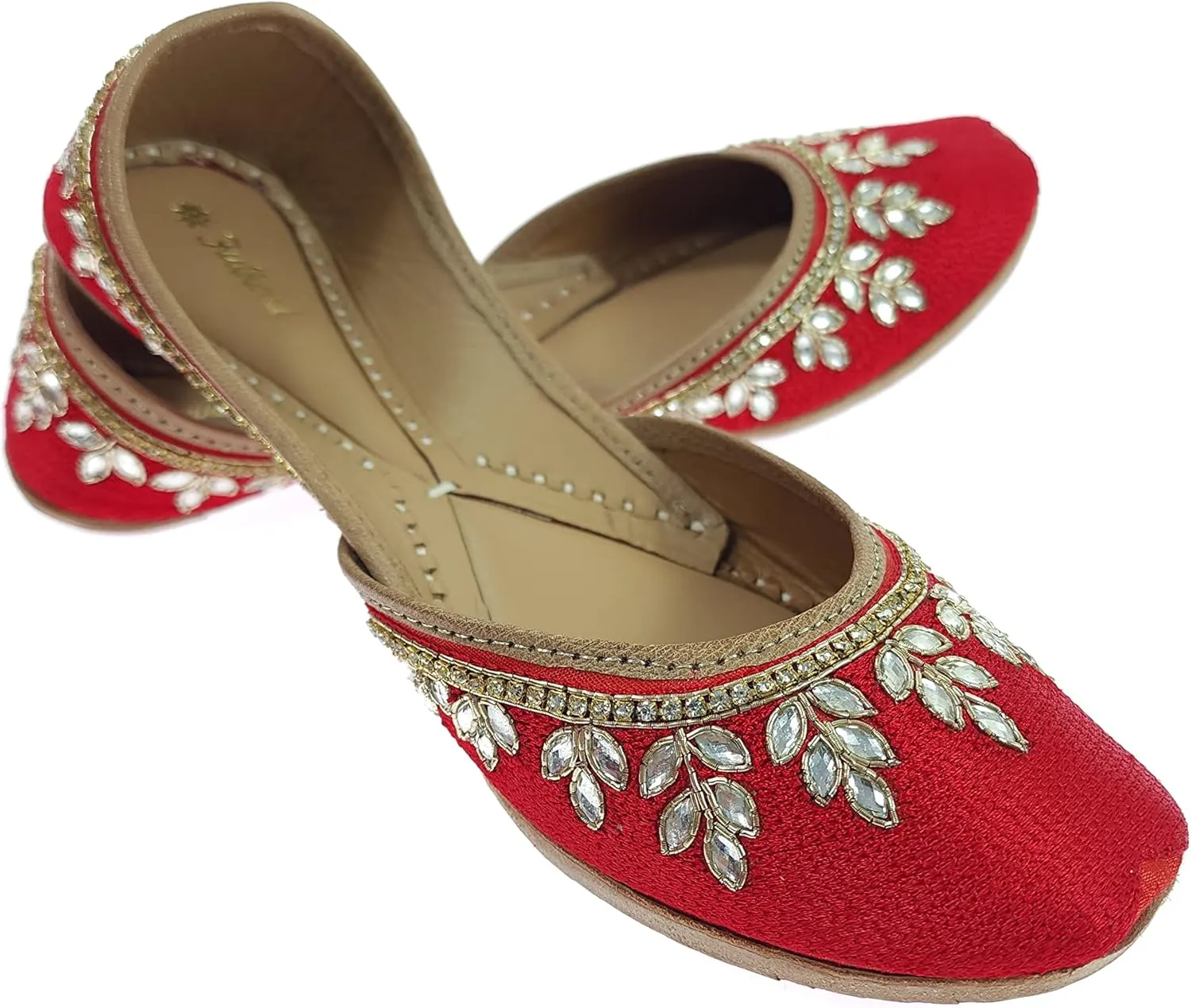 Women's Dolli Gold Genuine Soft Leather Embroidered Jutis | Bite and Pinch Free Jutti | Punjabi Formal Juttis | Girl's Wedding Flat Ladies Mojari | Formal Ethnic Juti |