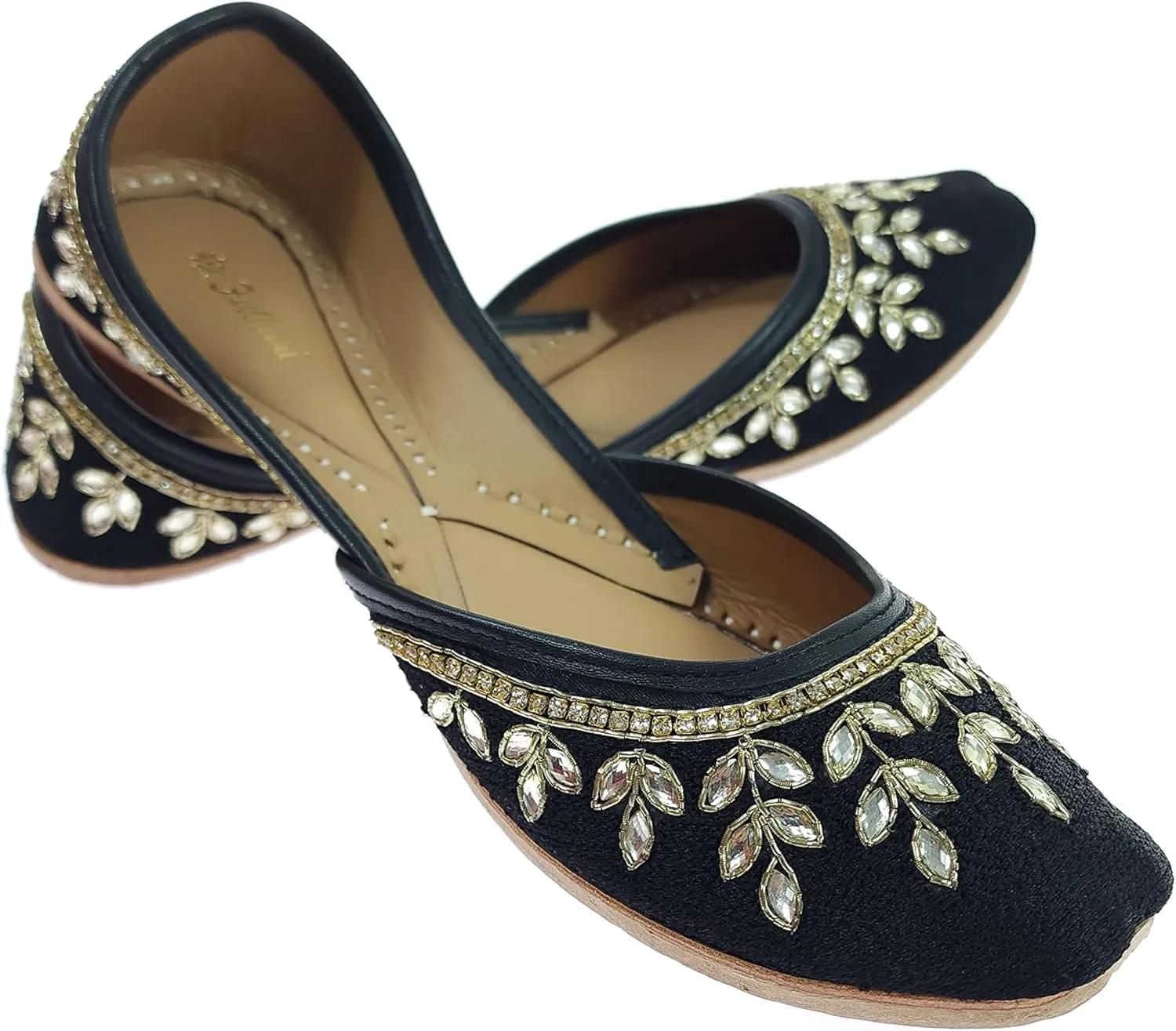 Women's Dolli Gold Genuine Soft Leather Embroidered Jutis | Bite and Pinch Free Jutti | Punjabi Formal Juttis | Girl's Wedding Flat Ladies Mojari | Formal Ethnic Juti |