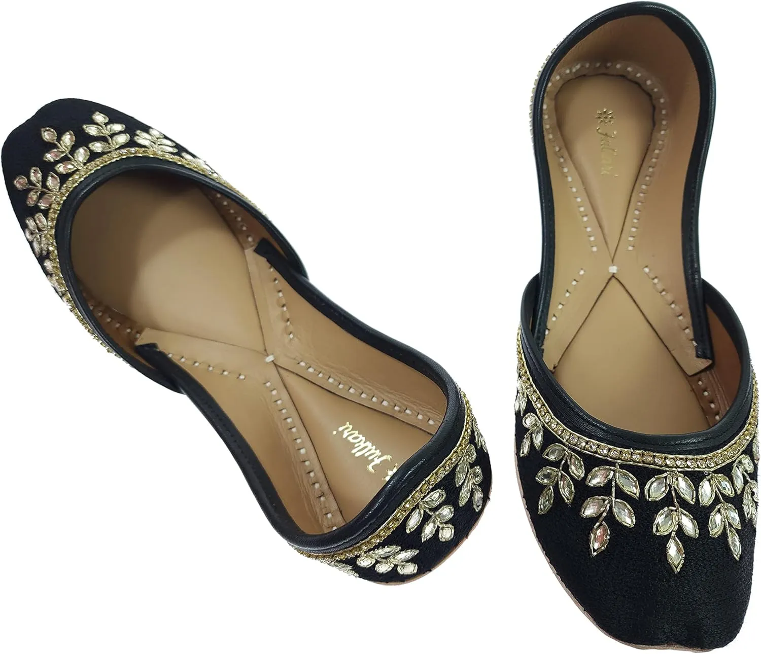 Women's Dolli Gold Genuine Soft Leather Embroidered Jutis | Bite and Pinch Free Jutti | Punjabi Formal Juttis | Girl's Wedding Flat Ladies Mojari | Formal Ethnic Juti |