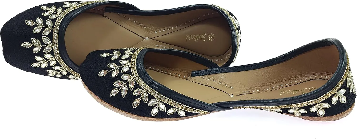 Women's Dolli Gold Genuine Soft Leather Embroidered Jutis | Bite and Pinch Free Jutti | Punjabi Formal Juttis | Girl's Wedding Flat Ladies Mojari | Formal Ethnic Juti |