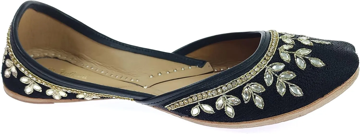 Women's Dolli Gold Genuine Soft Leather Embroidered Jutis | Bite and Pinch Free Jutti | Punjabi Formal Juttis | Girl's Wedding Flat Ladies Mojari | Formal Ethnic Juti |