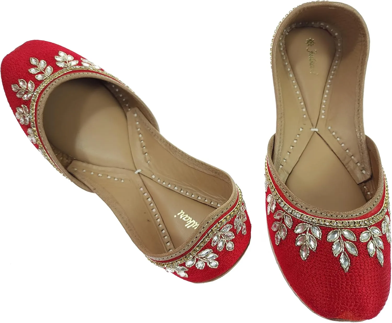 Women's Dolli Gold Genuine Soft Leather Embroidered Jutis | Bite and Pinch Free Jutti | Punjabi Formal Juttis | Girl's Wedding Flat Ladies Mojari | Formal Ethnic Juti |