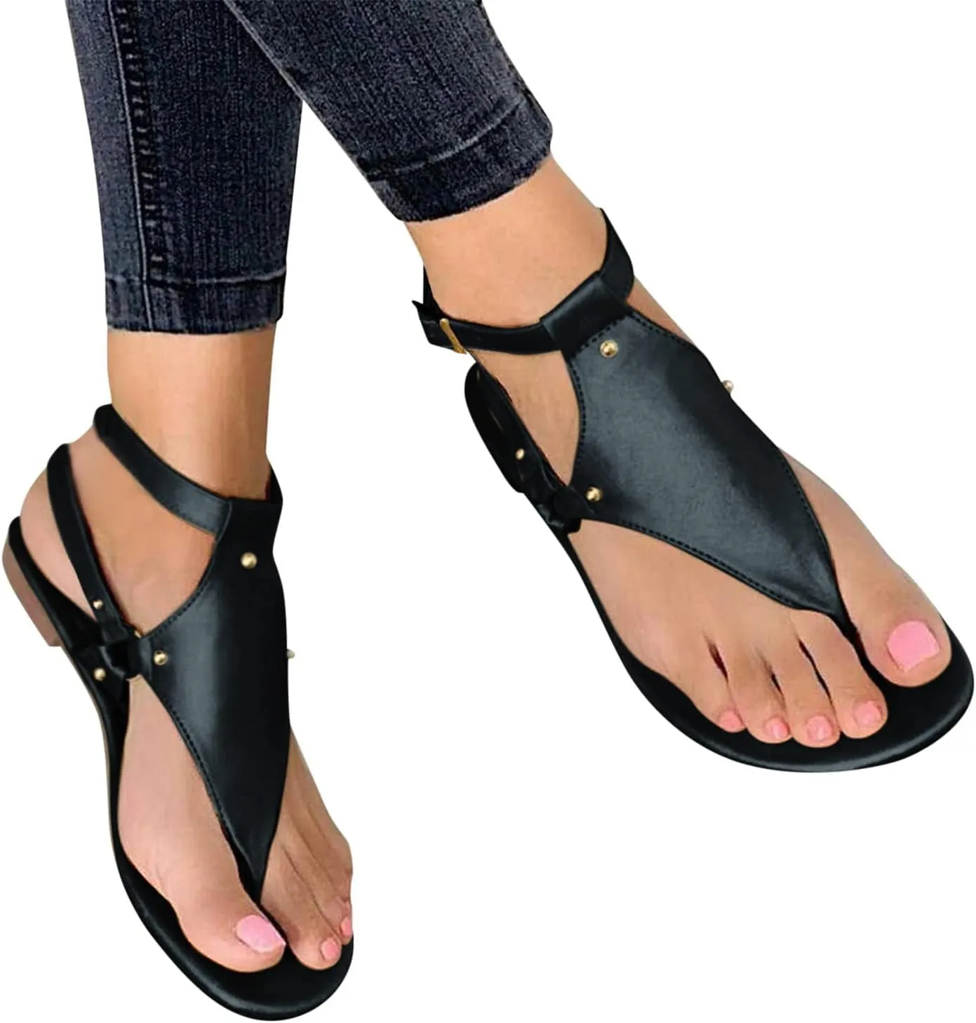 Womens Dressy Thong Sandals Comfortable Buckle Ankle Strap Strappy Flat Sandals Thong Flip Flops Dressy Summer Walking Beach Sandal Flat Open Toe Shoes Travel Walking Shoe
