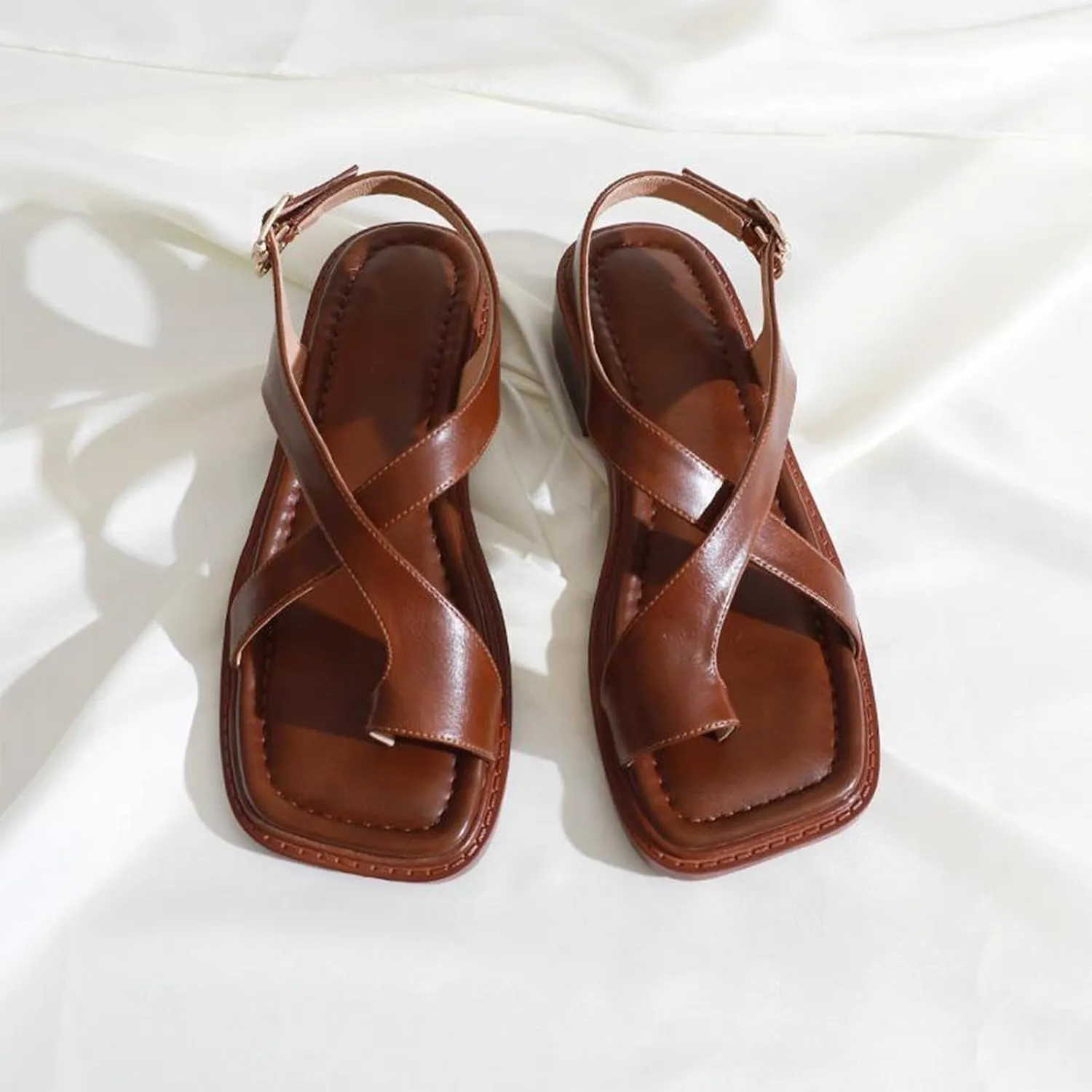 Womens Faux Leather Flat Sandals Footwear Open Toes Sandals Cross Strappy Ankle Strap Buckle Sandals Casual Daily Wear
