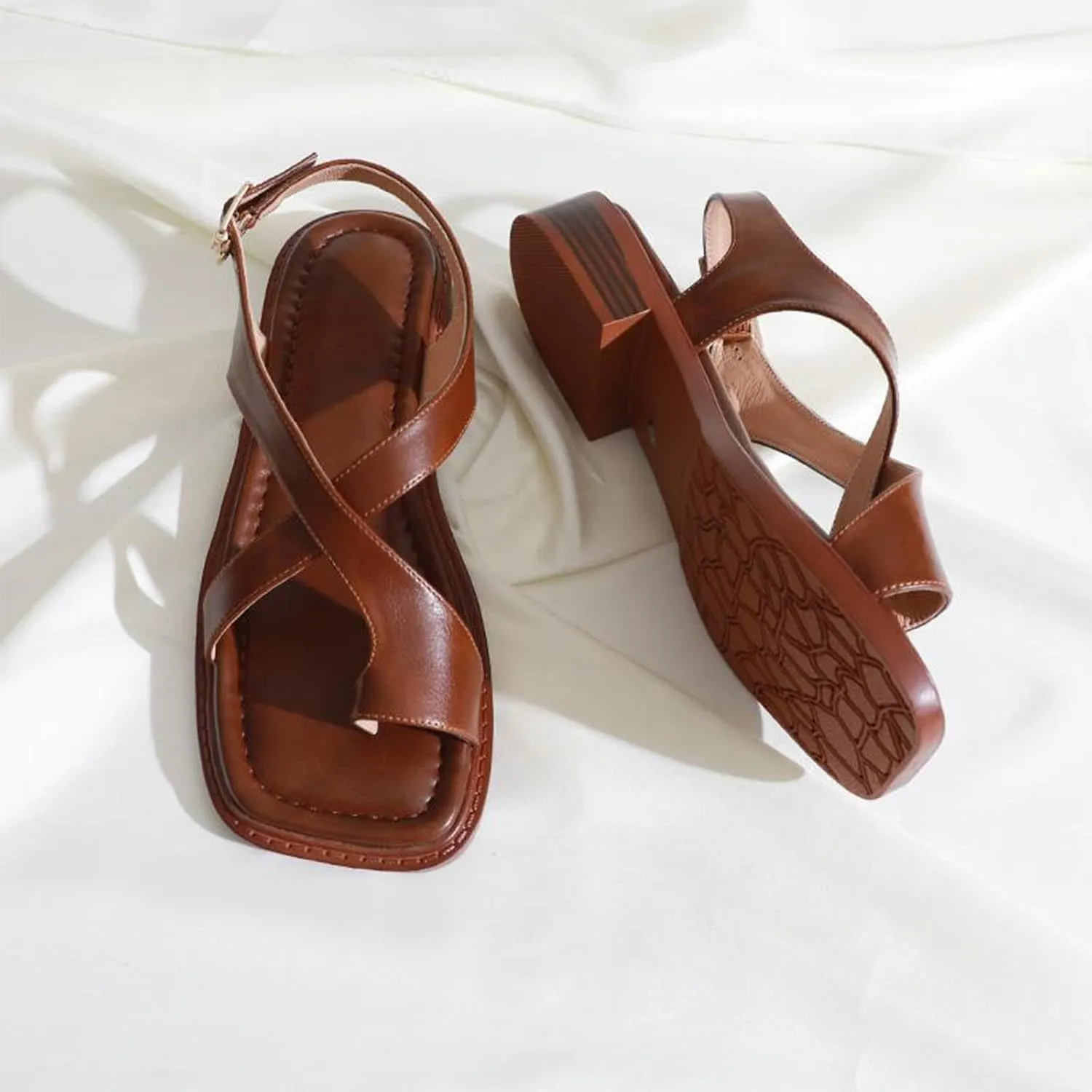 Womens Faux Leather Flat Sandals Footwear Open Toes Sandals Cross Strappy Ankle Strap Buckle Sandals Casual Daily Wear
