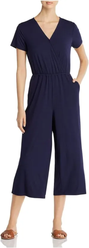 Womens Faux-Wrap Cropped Jumpsuit Navy L