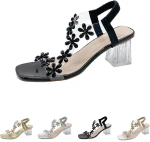 Women's Flower Rhinestone Block Heel Sandals, Rhinestone Sandals for Women, Clear Block Heels, Party Wedding Low Sandals