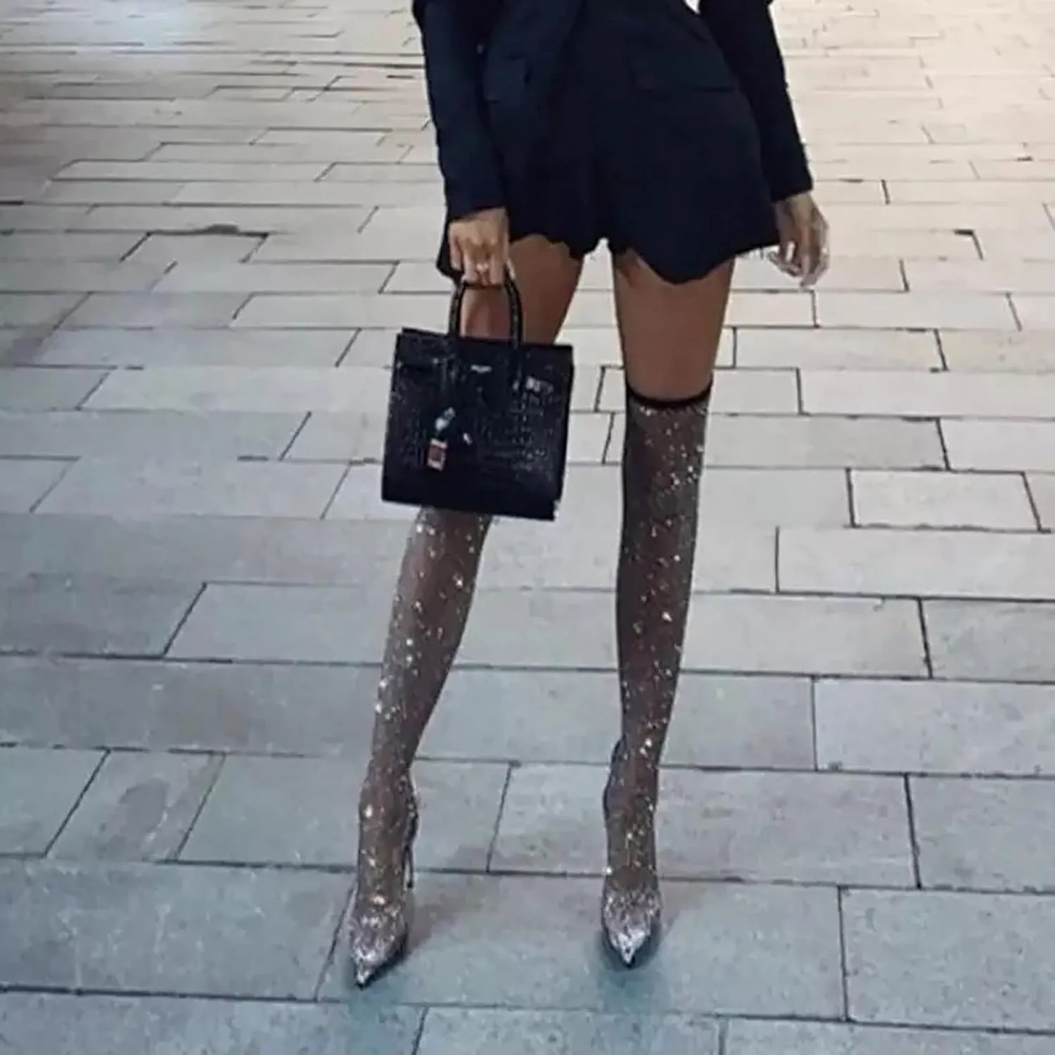 Women’s High Heels Closed Toe Clear Rhinestone Stiletto Mesh Pointed Toe Slingback Heels Transparent Sparkly Dress Party Pumps Shoes