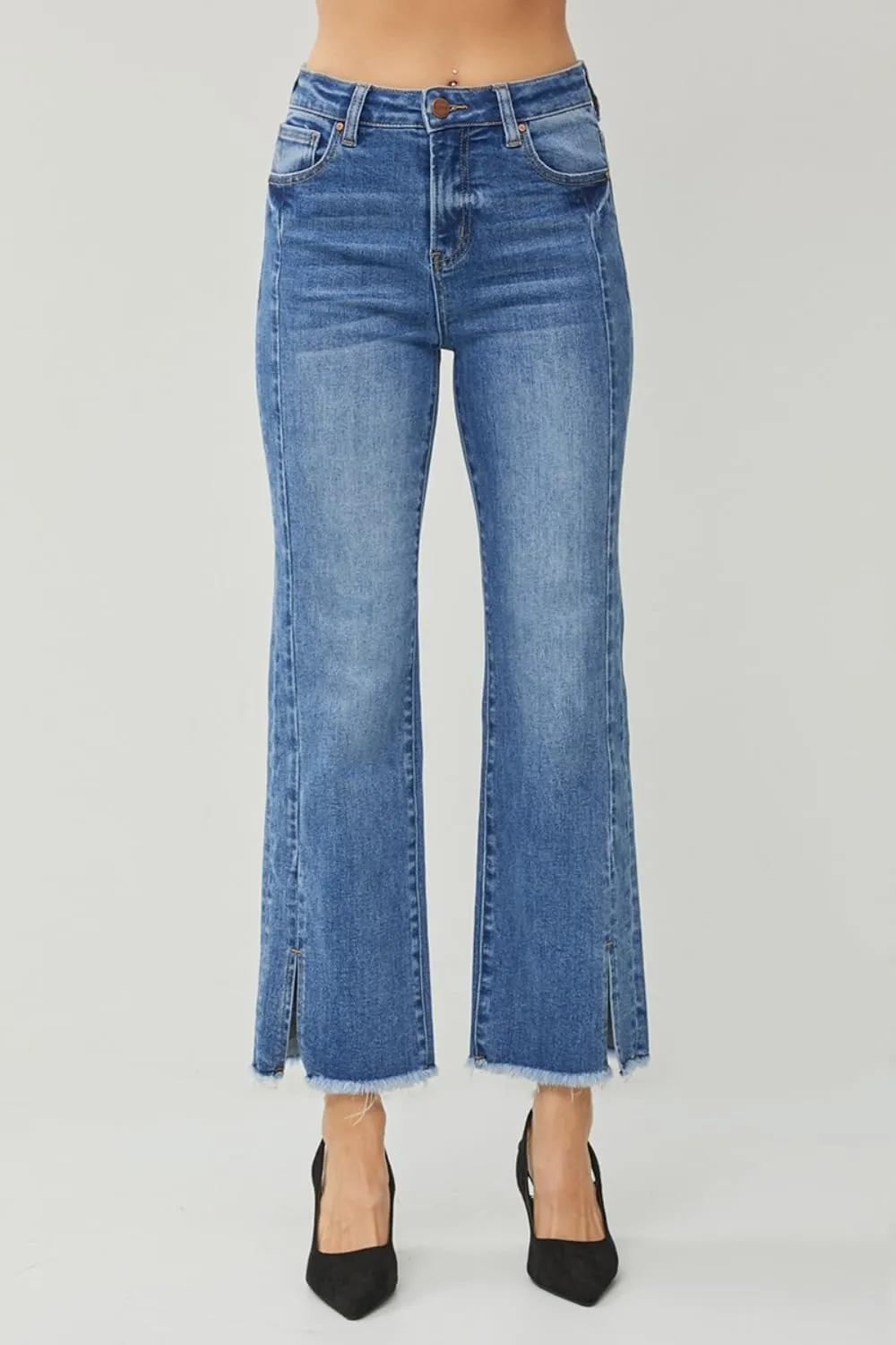 Women's High Waist Raw Hem Slit Straight Jeans
