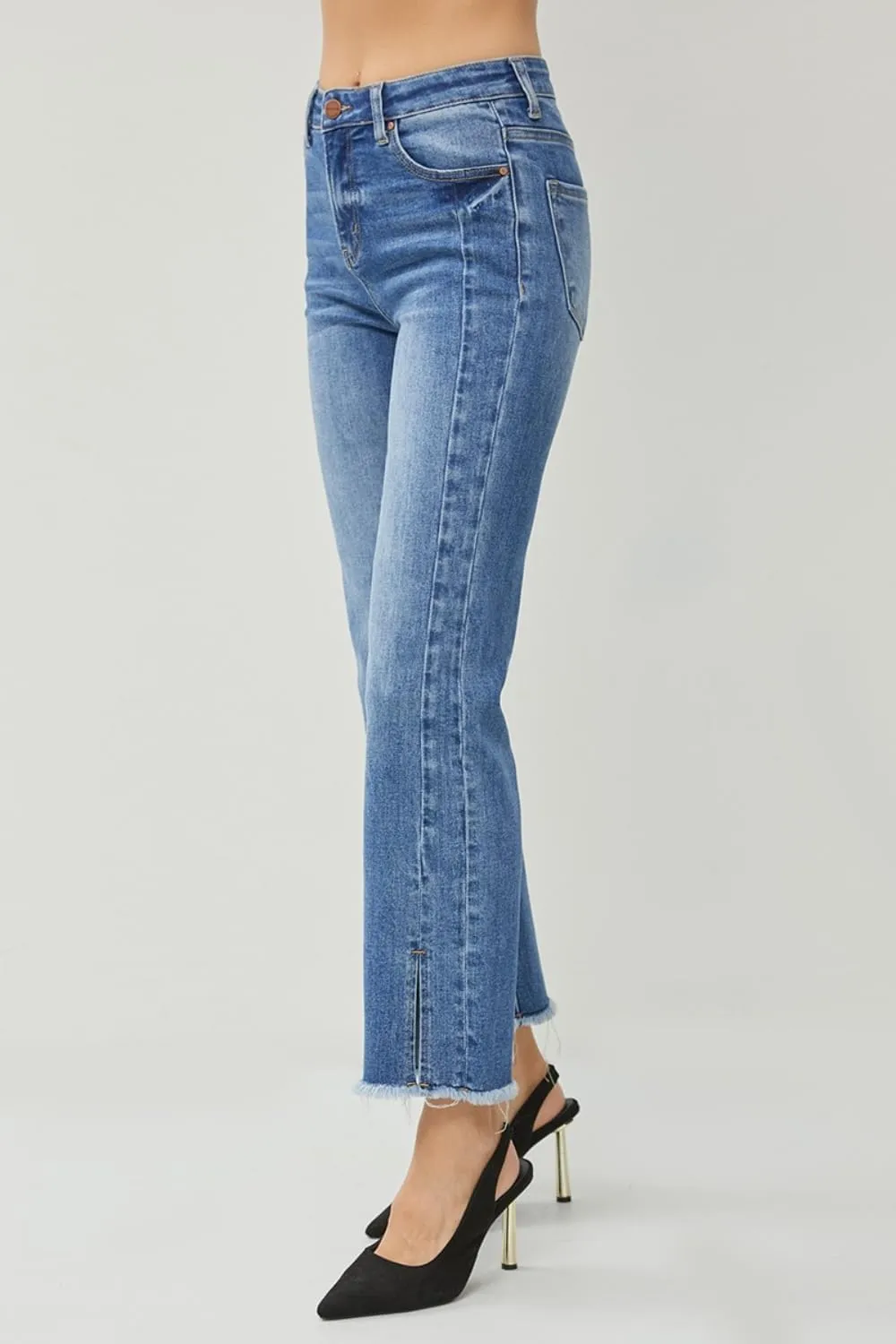 Women's High Waist Raw Hem Slit Straight Jeans