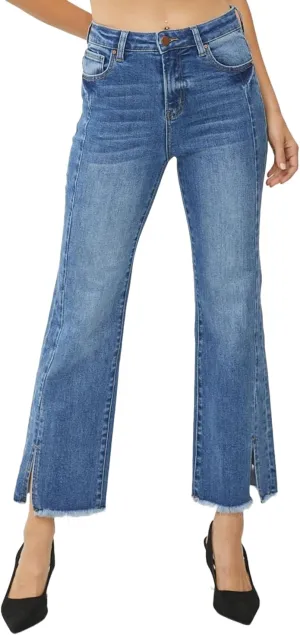 Women's High Waist Raw Hem Slit Straight Jeans