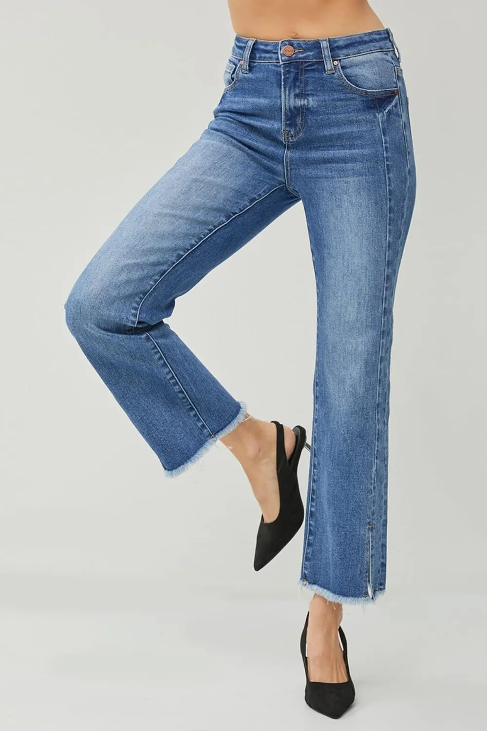 Women's High Waist Raw Hem Slit Straight Jeans