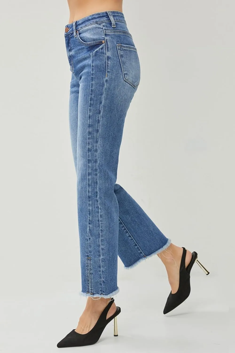 Women's High Waist Raw Hem Slit Straight Jeans