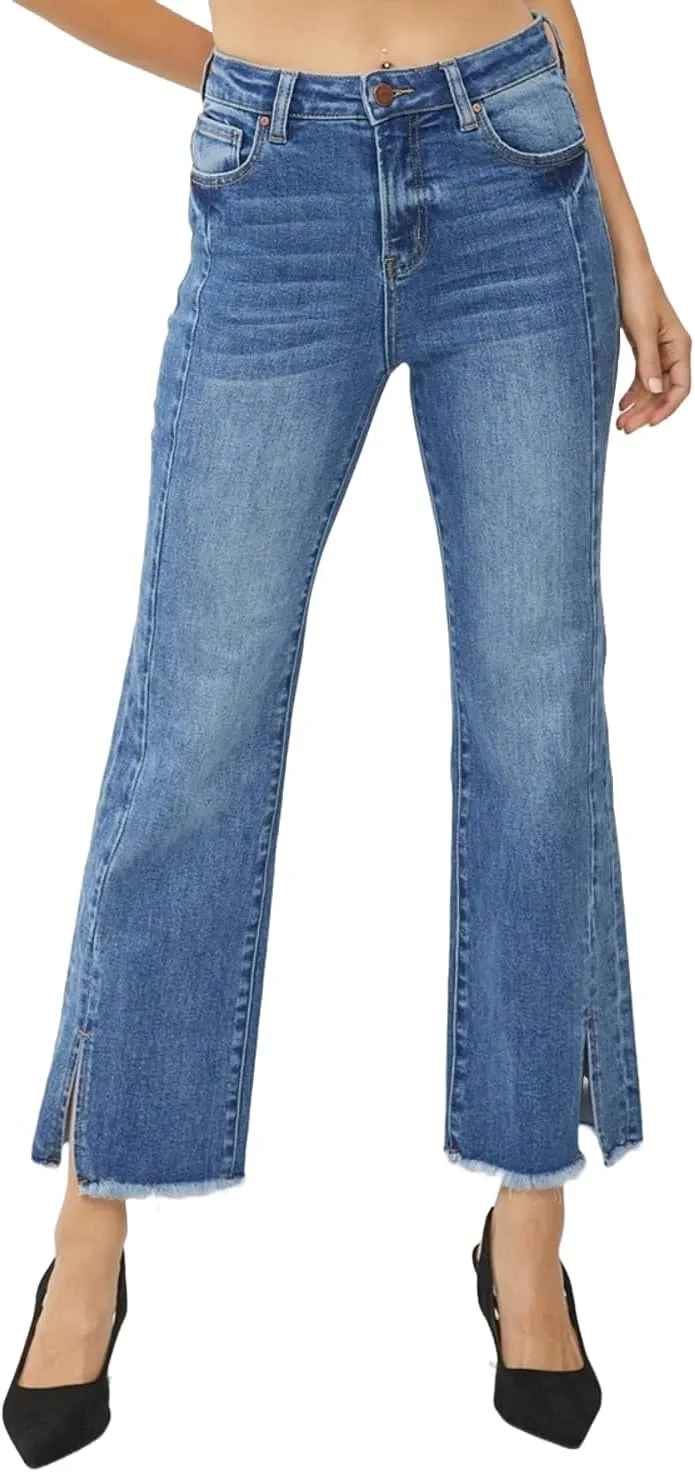 Women's High Waist Raw Hem Slit Straight Jeans