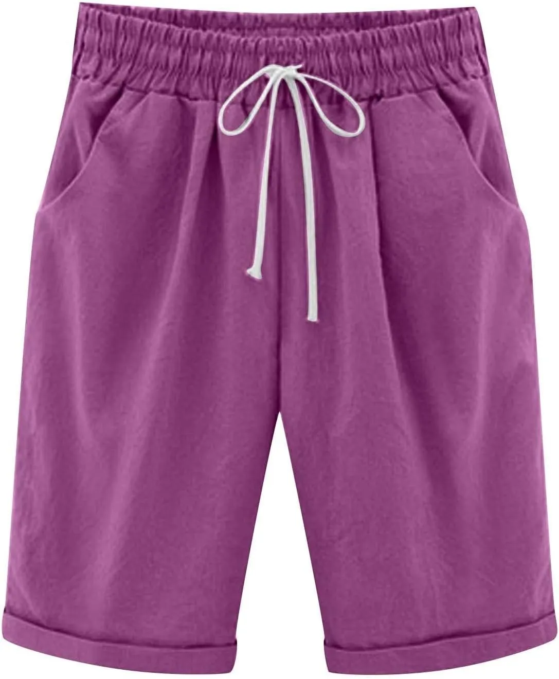 Womens Knee Length Long Shorts Summer Plus Size Shorts Solid Elastic Waist Pocketed Casual Short Pants Loose Comfy