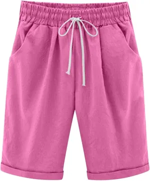 Womens Knee Length Long Shorts Summer Plus Size Shorts Solid Elastic Waist Pocketed Casual Short Pants Loose Comfy