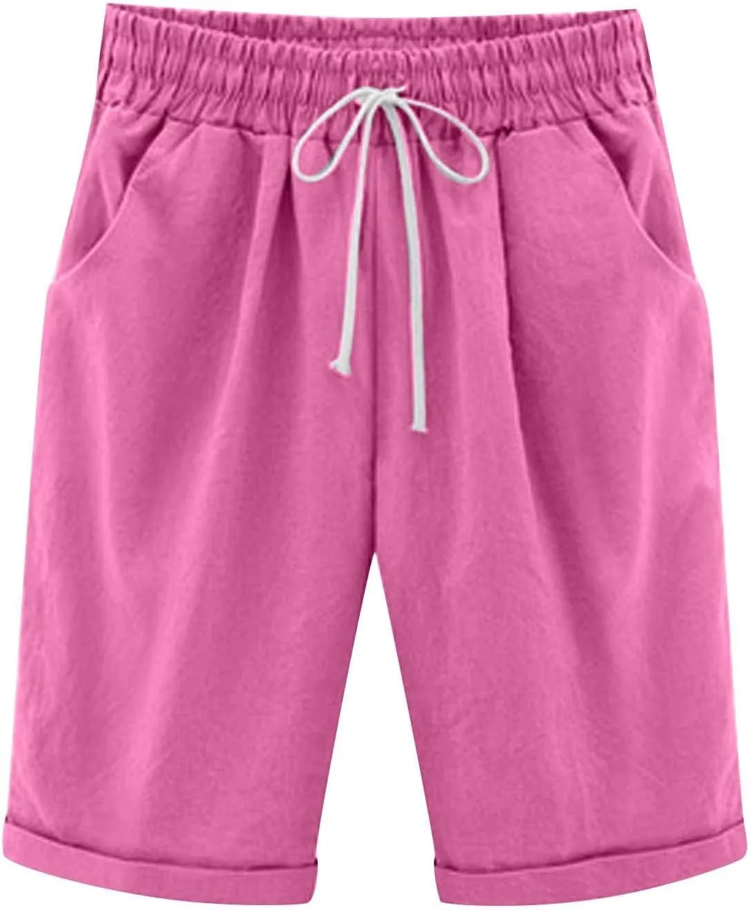 Womens Knee Length Long Shorts Summer Plus Size Shorts Solid Elastic Waist Pocketed Casual Short Pants Loose Comfy