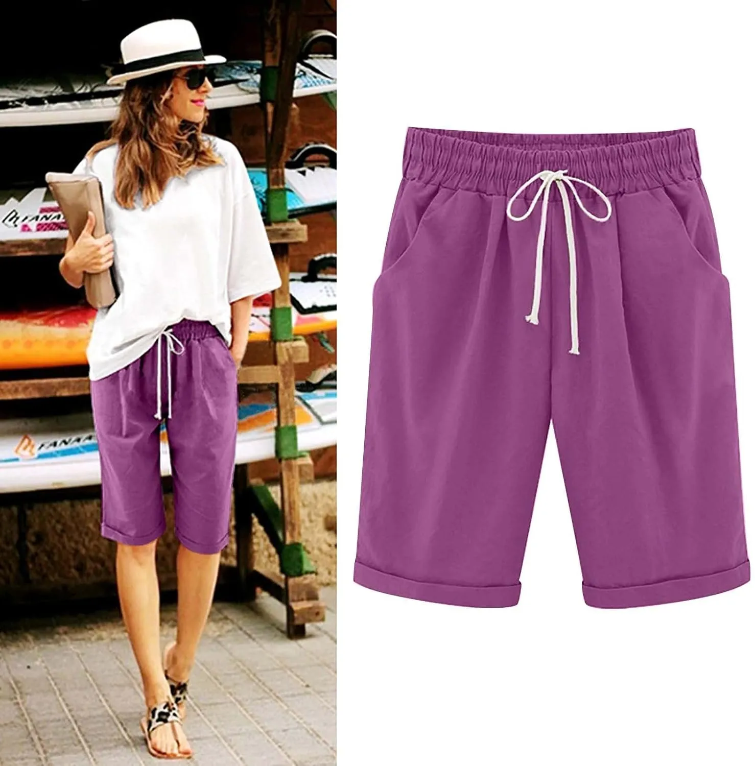 Womens Knee Length Long Shorts Summer Plus Size Shorts Solid Elastic Waist Pocketed Casual Short Pants Loose Comfy