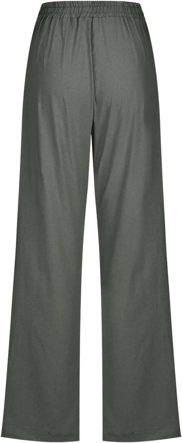 Womens Linen Pants 2025 Summer Casual Drawstring Elastic Waist Cotton Pants Petite Straight Leg Lounge Long Trousers