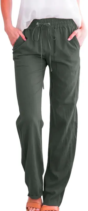 Womens Linen Pants 2025 Summer Casual Drawstring Elastic Waist Cotton Pants Petite Straight Leg Lounge Long Trousers
