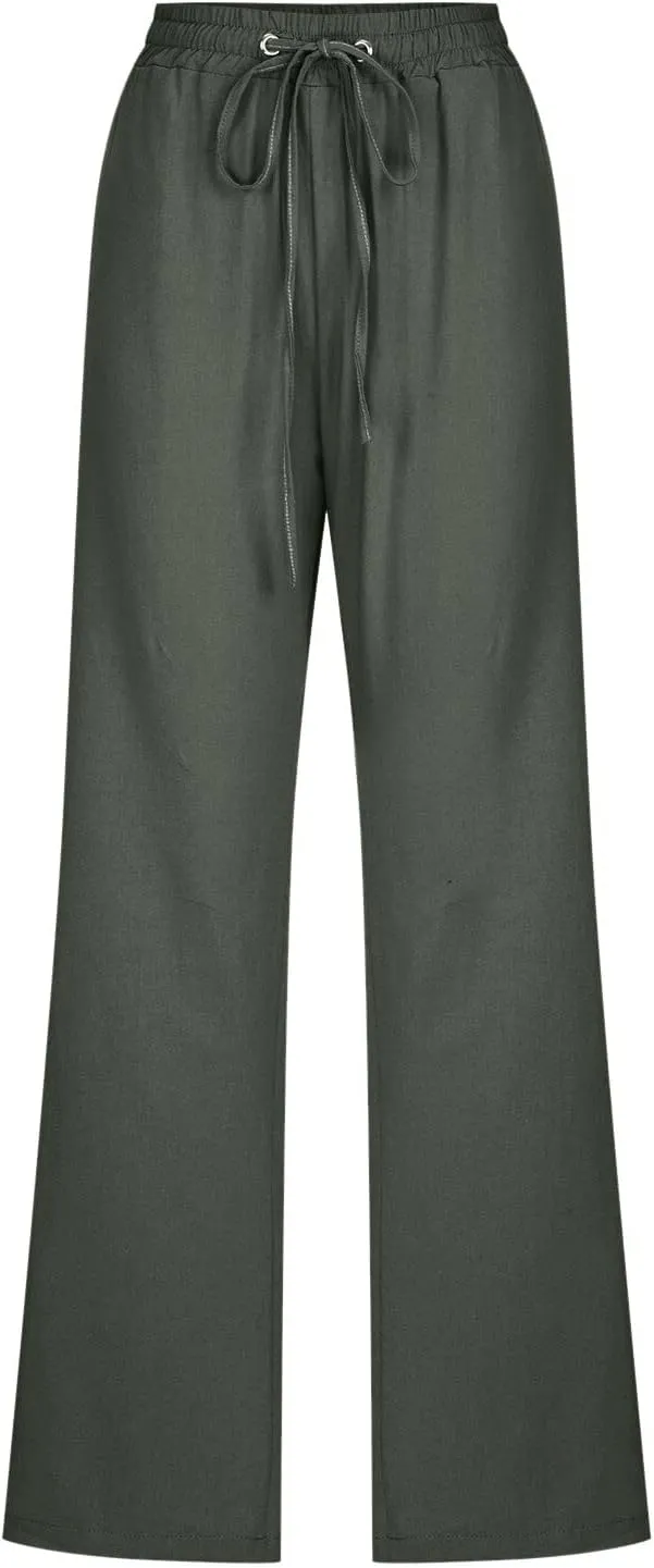 Womens Linen Pants 2025 Summer Casual Drawstring Elastic Waist Cotton Pants Petite Straight Leg Lounge Long Trousers
