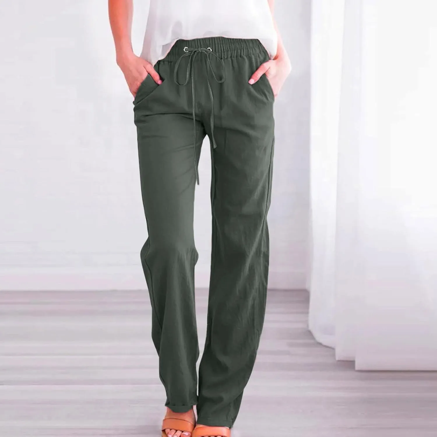 Womens Linen Pants 2025 Summer Casual Drawstring Elastic Waist Cotton Pants Petite Straight Leg Lounge Long Trousers