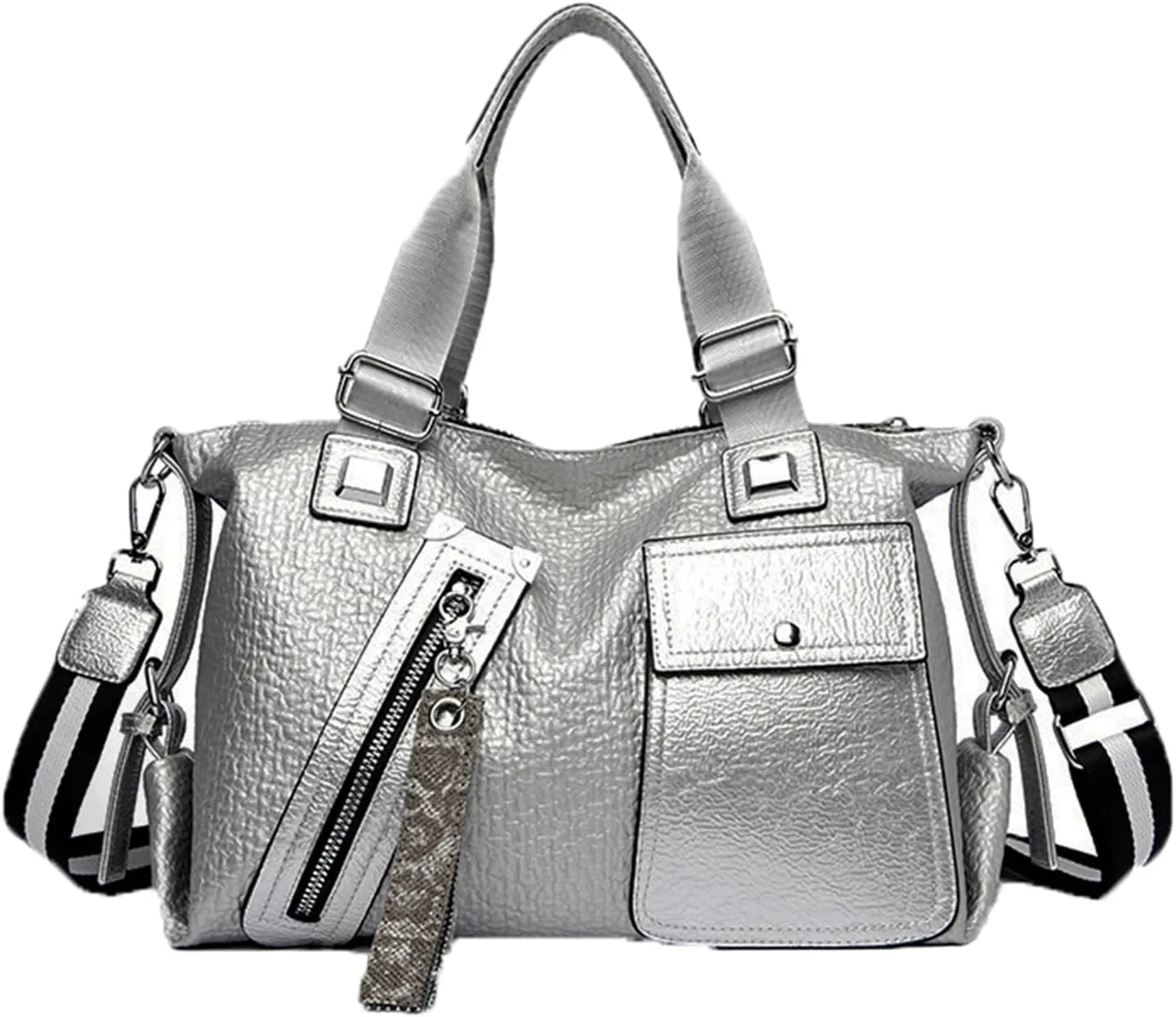 Women's Locomotive Crossbody Bag Silver Metallic Crossbody Shoulder Bag, Punk Hobo Bag Tote Handbag Satchel Bag