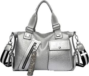 Women's Locomotive Crossbody Bag Silver Metallic Crossbody Shoulder Bag, Punk Hobo Bag Tote Handbag Satchel Bag