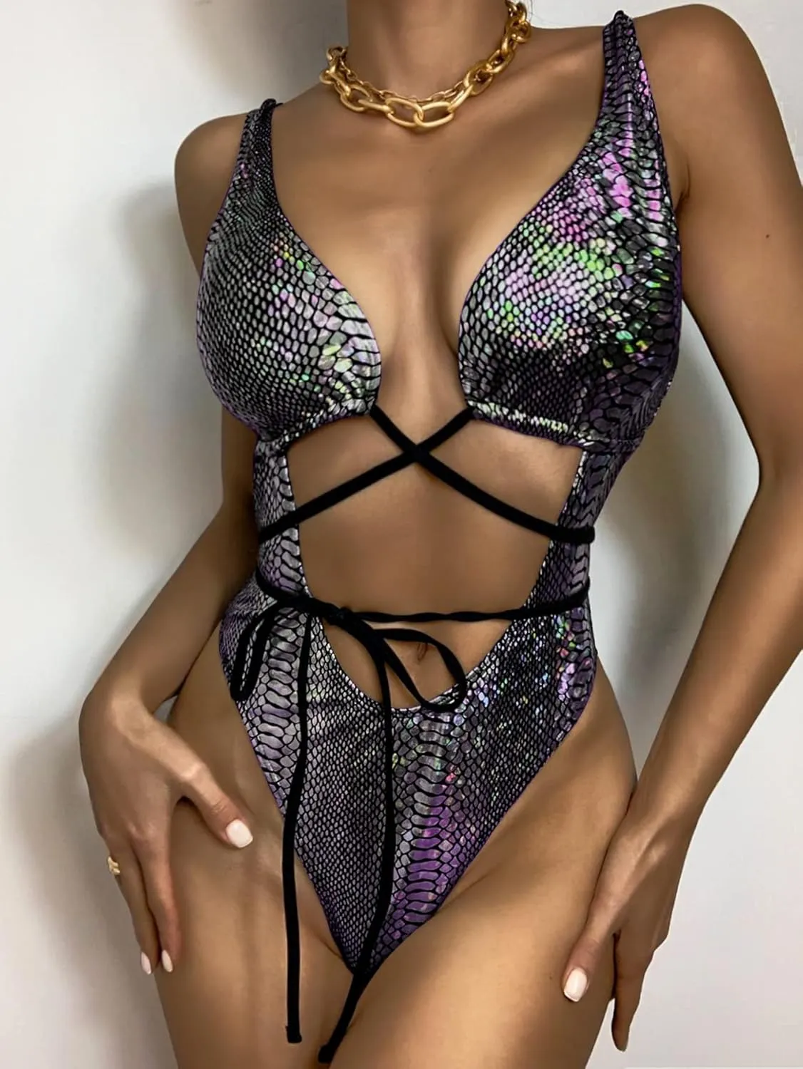 Women's Metallic Snakeskin One Piece Swimsuits Rave Outfit Bathing Suits