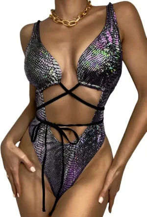 Women's Metallic Snakeskin One Piece Swimsuits Rave Outfit Bathing Suits