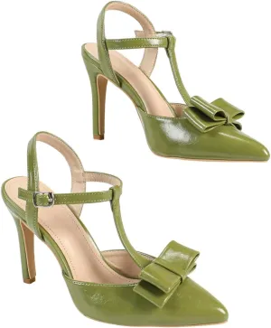 Women's Olive Green Patent Leather Pointed Toe High Heel Sandals, Bow-Embellished T-Strap Design, Stylish Evening Shoes, Trendy Party Footwear, Elegant Open-Toe High Heels
