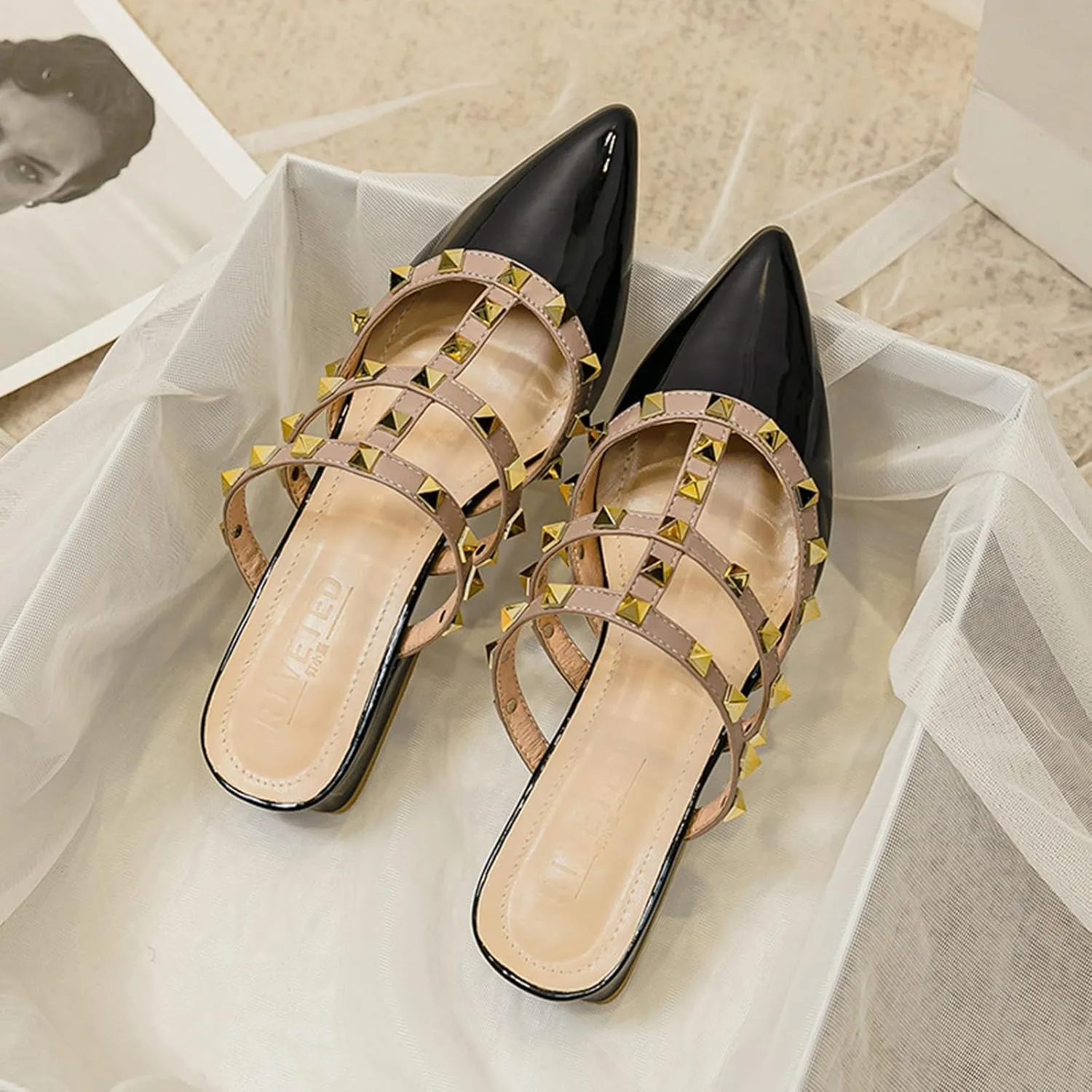 Women's Patent Leather Closed Pointed Toe Rivet Heeled Sandals Fashion Rivet Slip-on Sexy Backless Slides Summer Sandals Work Party Dress Slippers