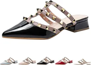Women's Patent Leather Closed Pointed Toe Rivet Heeled Sandals Fashion Rivet Slip-on Sexy Backless Slides Summer Sandals Work Party Dress Slippers