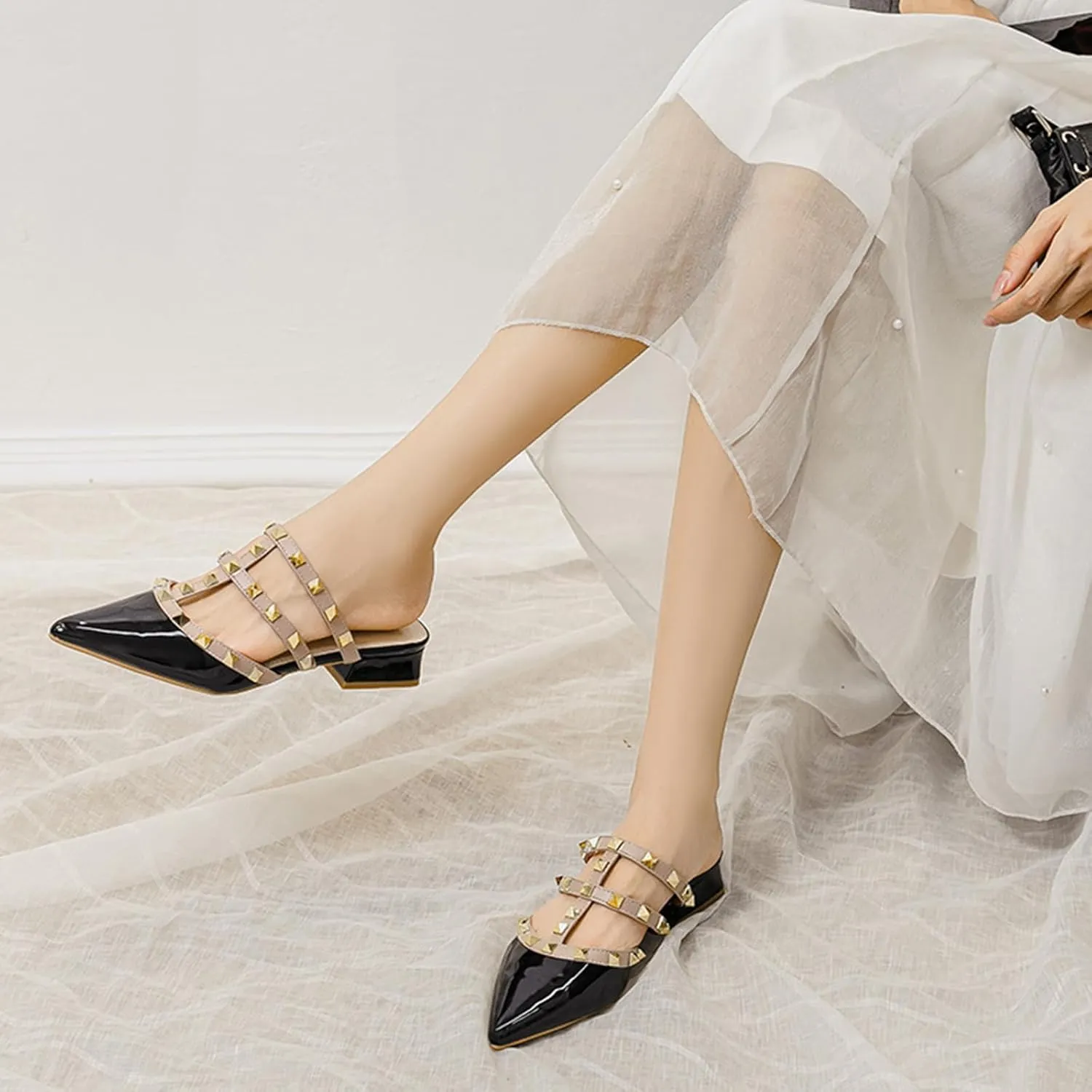 Women's Patent Leather Closed Pointed Toe Rivet Heeled Sandals Fashion Rivet Slip-on Sexy Backless Slides Summer Sandals Work Party Dress Slippers
