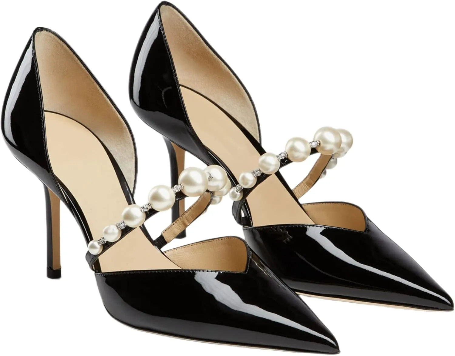 Women's Pointed Toe High Heels Pearl Embellished Strap Pumps Close Toe Stiletto Heeled Pumps for Wedding Party Dress Office