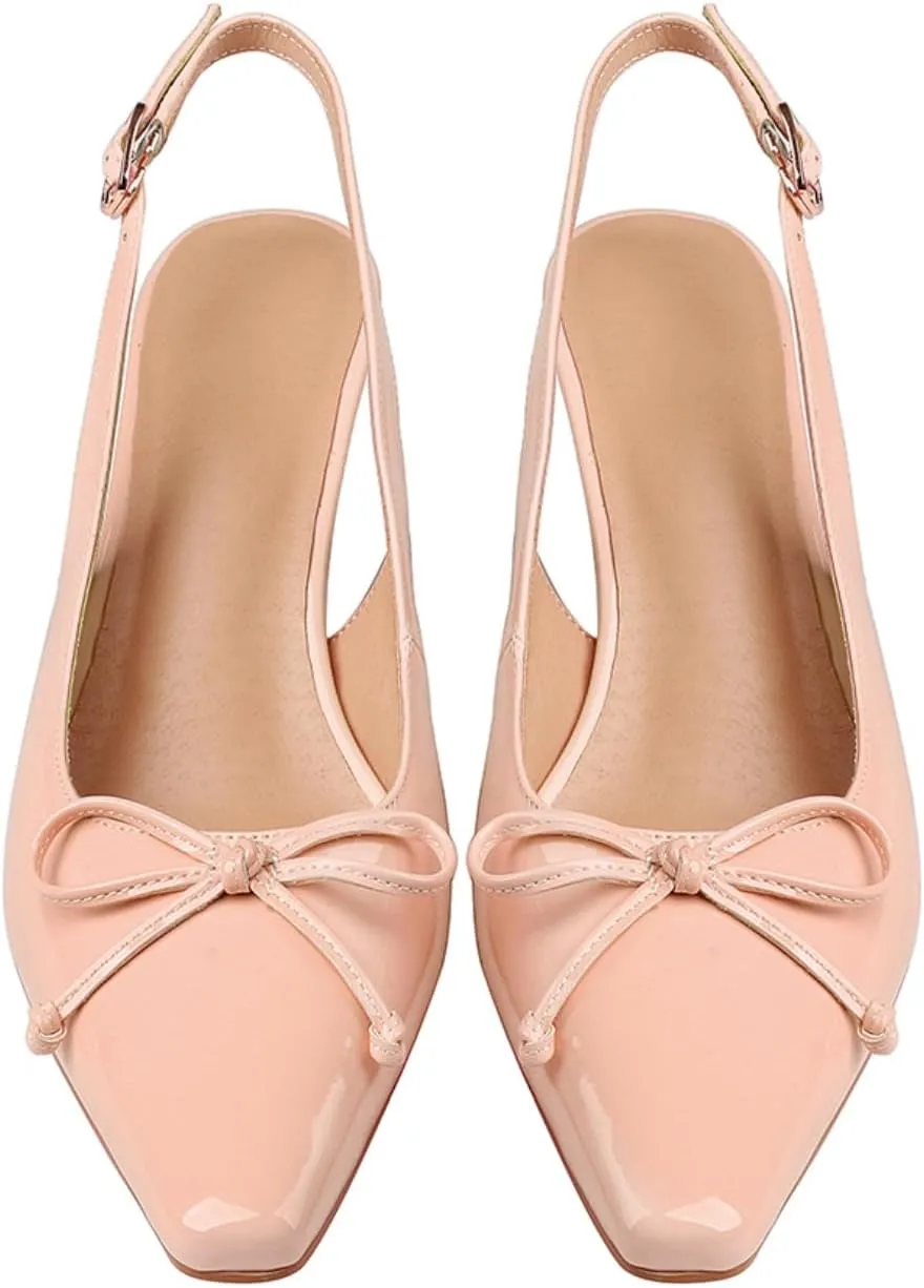 Women's Pointed Toe Kitten Heels 2.5 Inch Low Heel Bow Embellished Dress Shoes Patent Leather Upper Anti-Slip Sole Breathable Lining Elegant and Comfortable Medium Heeled Stilettos