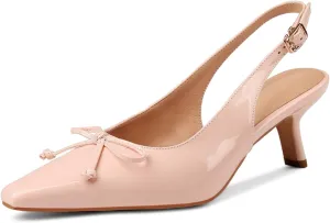 Women's Pointed Toe Kitten Heels 2.5 Inch Low Heel Bow Embellished Dress Shoes Patent Leather Upper Anti-Slip Sole Breathable Lining Elegant and Comfortable Medium Heeled Stilettos