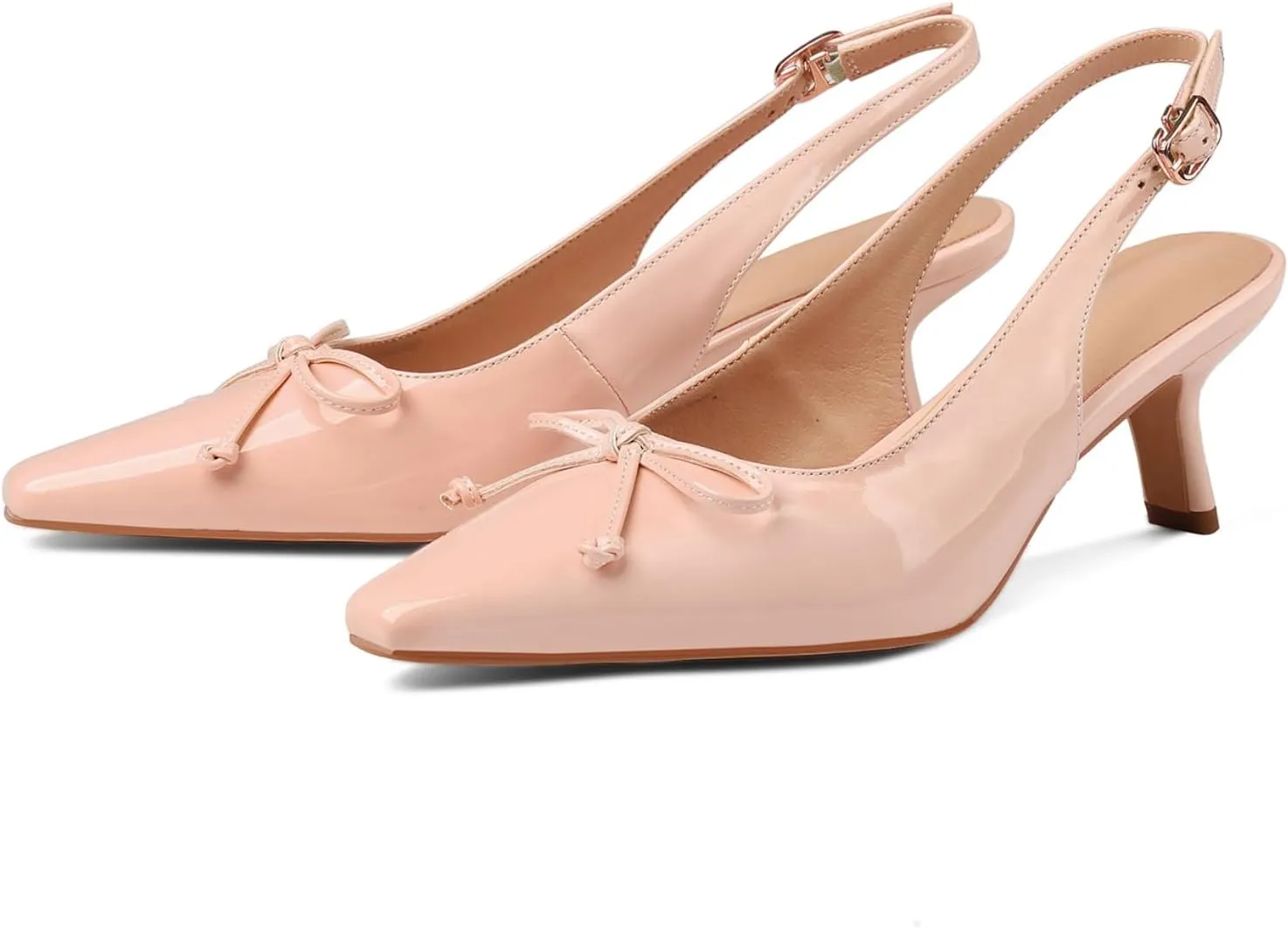 Women's Pointed Toe Kitten Heels 2.5 Inch Low Heel Bow Embellished Dress Shoes Patent Leather Upper Anti-Slip Sole Breathable Lining Elegant and Comfortable Medium Heeled Stilettos