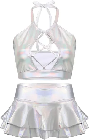 Women's Rave Outfit Sets For Women Festivals 2 Pcs Metallic Tops Skirt EDM Party Club Holographic Rave Outfits