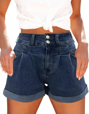 Womens Relaxed Fit Casual High Waist Pocketed Denim Shorts