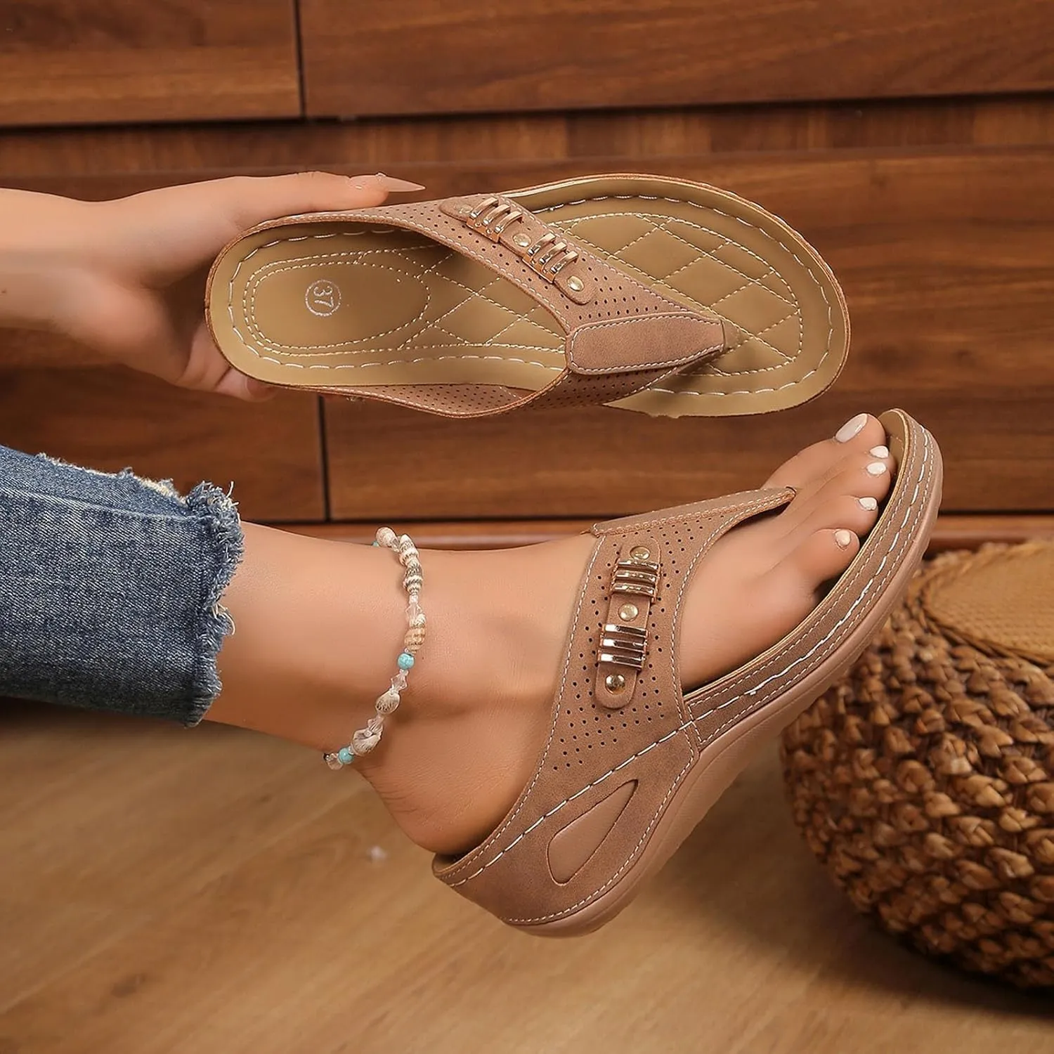 Womens Sandals with Arch Support,2025 Summer Dressy Wedges Shoes for Women Thick Sole Flip Flops With Arch Support Comfortable Walking Sandals Womens Summer Beach Slipper Ladies Thong Sanal