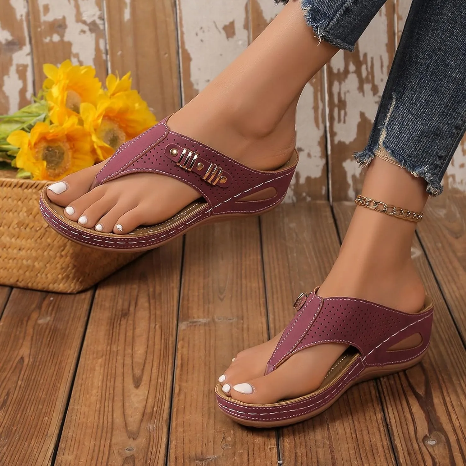 Womens Sandals with Arch Support,2025 Summer Dressy Wedges Shoes for Women Thick Sole Flip Flops With Arch Support Comfortable Walking Sandals Womens Summer Beach Slipper Ladies Thong Sanal
