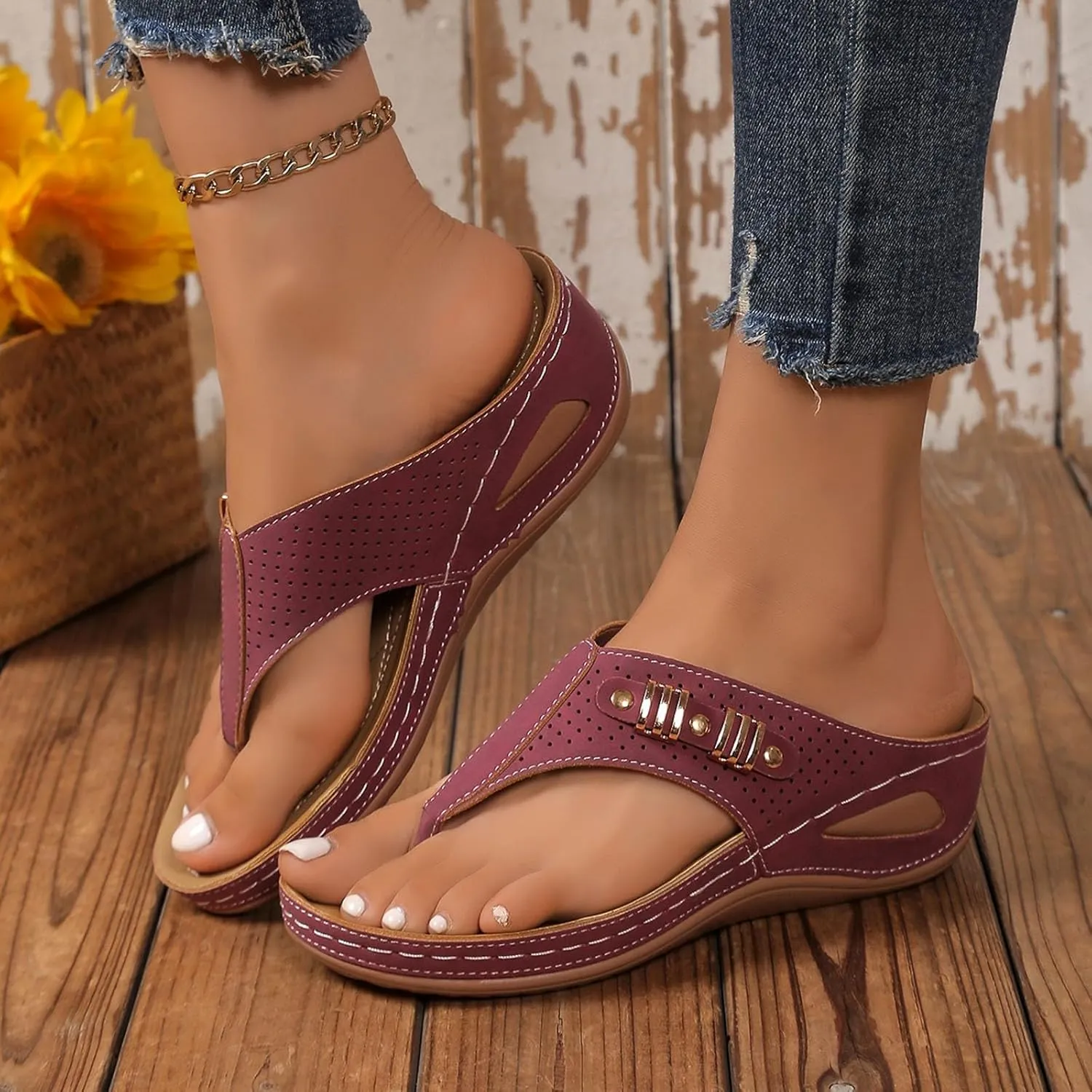 Womens Sandals with Arch Support,2025 Summer Dressy Wedges Shoes for Women Thick Sole Flip Flops With Arch Support Comfortable Walking Sandals Womens Summer Beach Slipper Ladies Thong Sanal