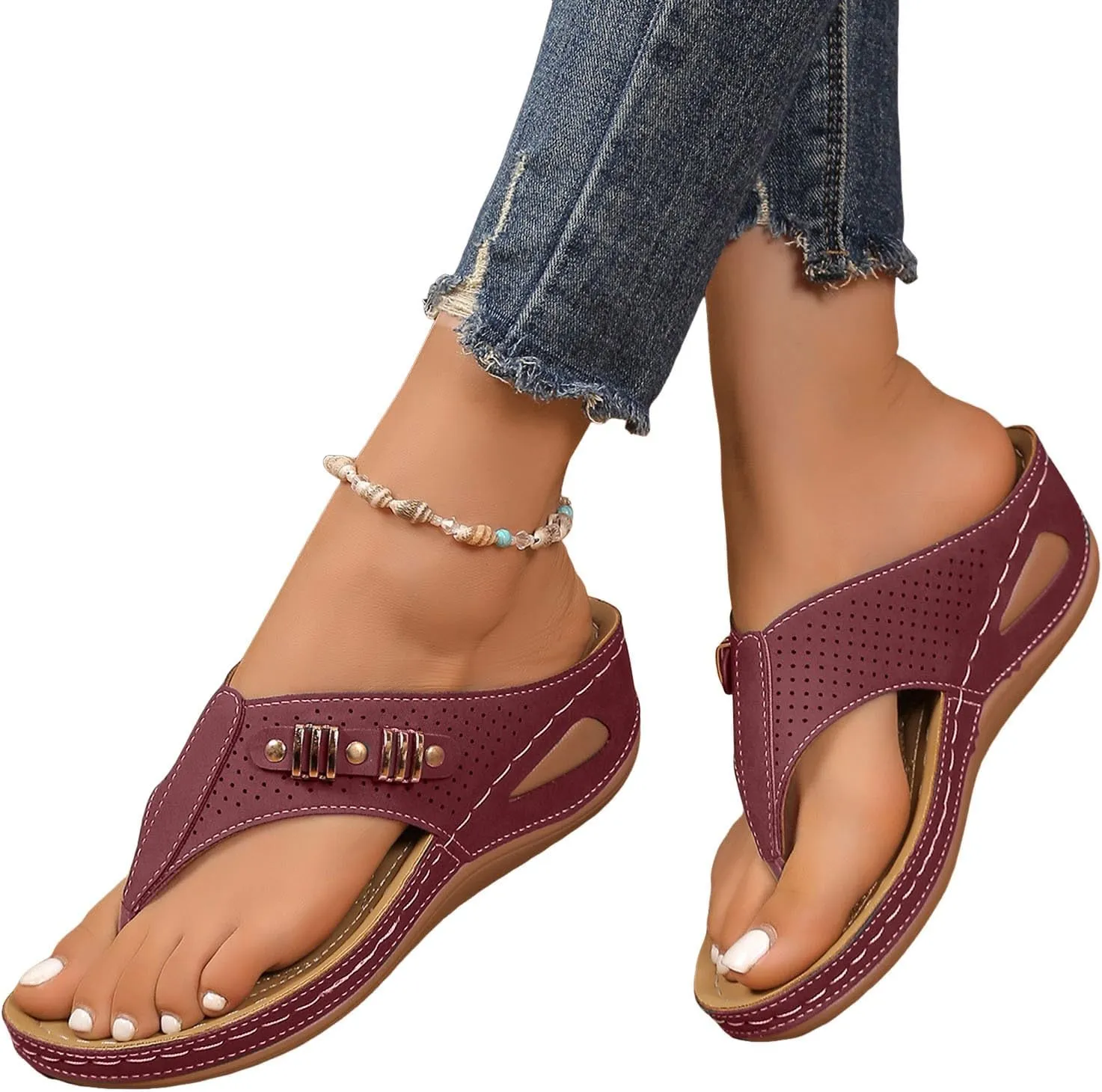Womens Sandals with Arch Support,2025 Summer Dressy Wedges Shoes for Women Thick Sole Flip Flops With Arch Support Comfortable Walking Sandals Womens Summer Beach Slipper Ladies Thong Sanal