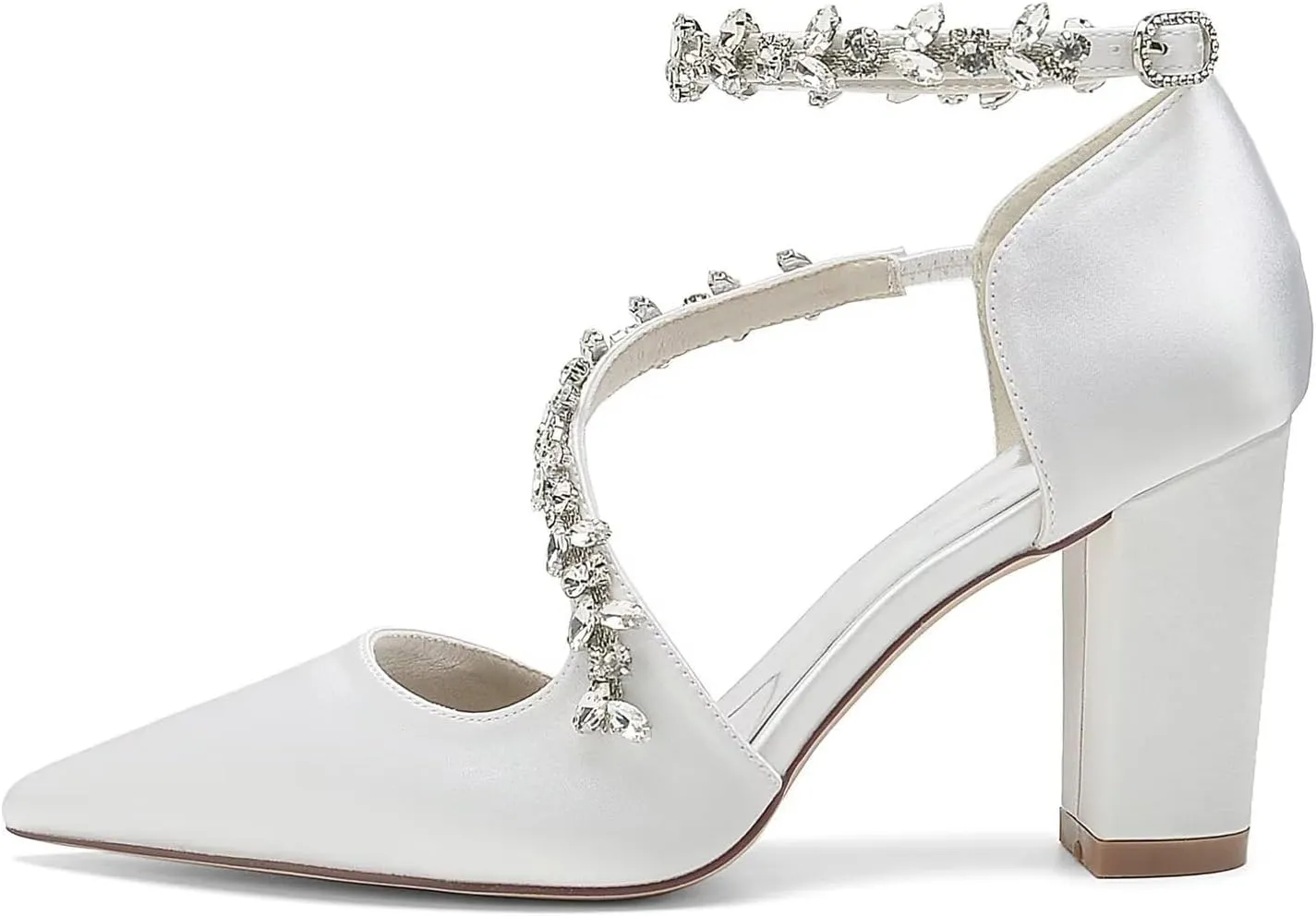 Women's Satin Bridal Pumps - Crystal Embellished Block Heel Wedding Shoes, 3 Inch Chunky Heels with Closed Pointed Toe for Bride, Prom & Cocktail Parties