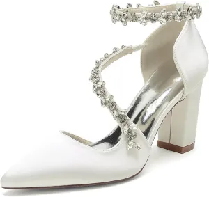 Women's Satin Bridal Pumps - Crystal Embellished Block Heel Wedding Shoes, 3 Inch Chunky Heels with Closed Pointed Toe for Bride, Prom & Cocktail Parties