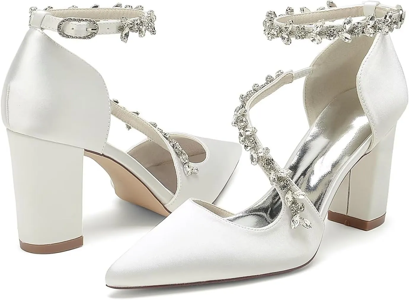 Women's Satin Bridal Pumps - Crystal Embellished Block Heel Wedding Shoes, 3 Inch Chunky Heels with Closed Pointed Toe for Bride, Prom & Cocktail Parties