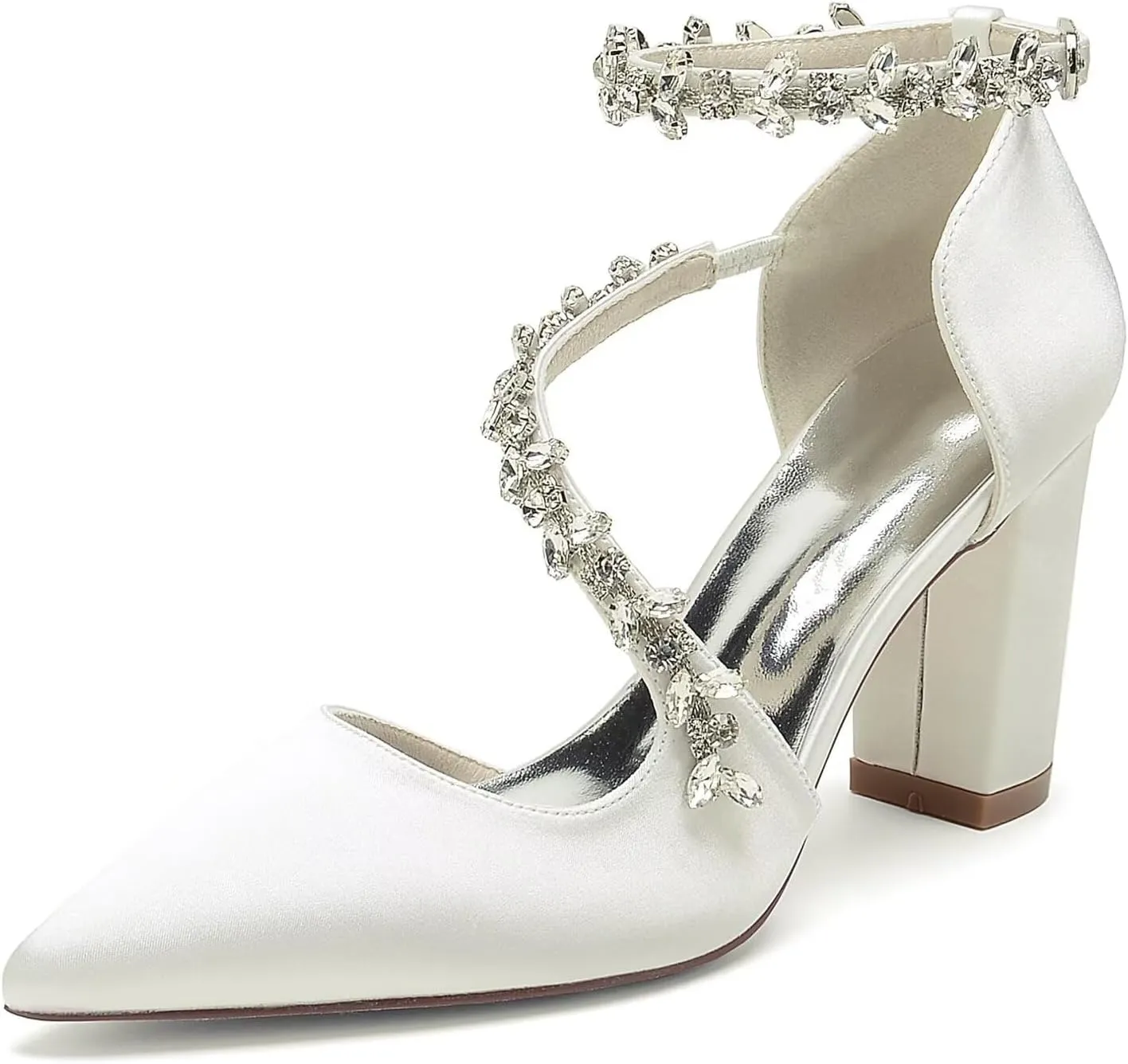 Women's Satin Bridal Pumps - Crystal Embellished Block Heel Wedding Shoes, 3 Inch Chunky Heels with Closed Pointed Toe for Bride, Prom & Cocktail Parties